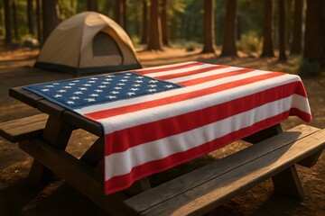 An outdoor campsite scene, the iconic American flag laid out on a wooden picnic table. The backdrop features a tent and towering trees.