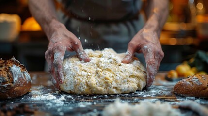 In this intimate kitchen scene, a baker passionately kneads dough, dusting the surface with flour, bringing warmth and tradition into the heart of culinary artistry.