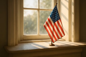 A striking image of the United States flag stands proudly, bathed in natural light by a window. Capturing patriotism and national pride.