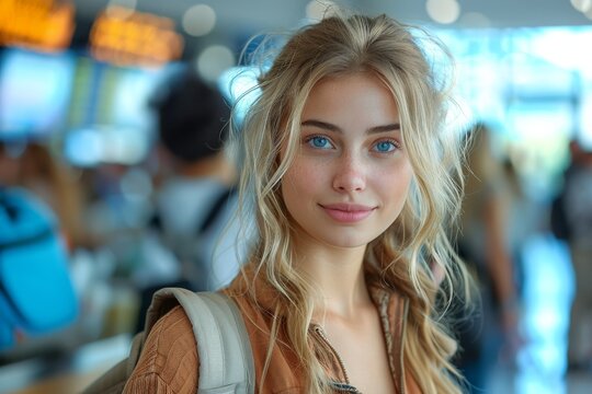 A charming young woman smiles in a busy airport, capturing a moment of anticipation, travel, and adventure, highlighting the excitement of exploration in life's journey.