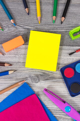 Stationery accessories and other school supplies for learning at school or preschool. Development of creativity, kids motor skills