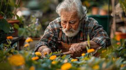 An elderly man is meticulously caring for vibrant flowers in a lush garden, showcasing the beauty of nature and the joy of gardening at an older age.