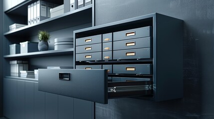 A neat, modern drawer system neatly displays labeled compartments, emphasizing organization in a contemporary office environment, designed for efficiency.