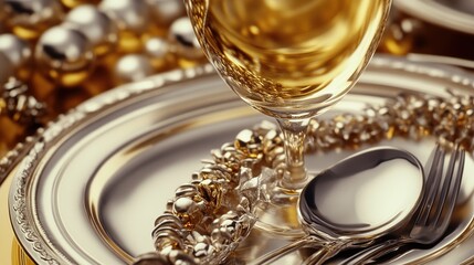 Festive silver tableware setting, gold decor, close-up