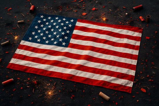 An American flag proudly unfurls amidst festive firecrackers and sparks, this image captures the essence of freedom and national pride.