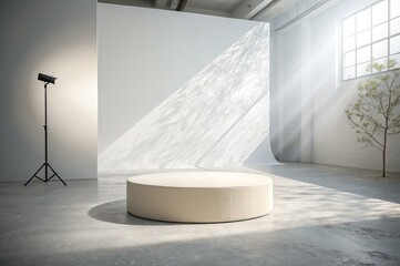 Empty Round Pedestal with Soft Window Light for Product Display