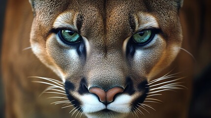 Close-up of Mountain Lion Face with Intense Gaze and Green Eyes