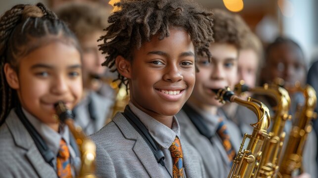 A group of cheerful young musicians, each holding a saxophone, smiles for the camera, capturing the joy of music and collaboration among aspiring artists in a lively setting.