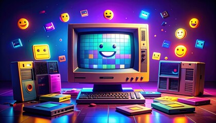 Retro computer setup with smiley faces, vibrant 80s style, and neon highlights