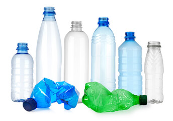 Crushed and empty plastic bottles showing recycling concept