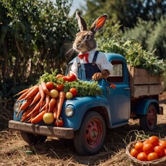 Hare in a farmer costume rides a retro truck loaded with carrots and tomatoes, sunny day, looks at the camera and smiles