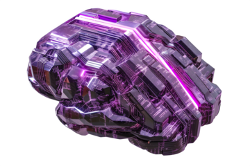 a futuristic artificial-intelligence microchip shaped like a human brain hyper-detailed metallic circuitry neon purple lines threading through circuits isolated on pure white background soft studio li