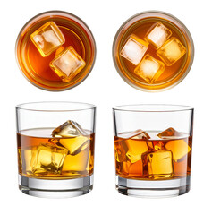 Glass of whiskey with ice cubes on white background