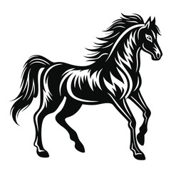 Striking black horse gallops dynamically on a stark white background in silhouette