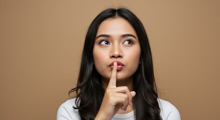 Pensive Young Woman with Finger to Lips Against Neutral Background