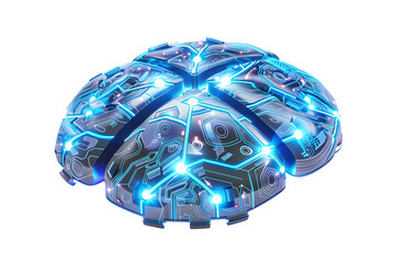 a futuristic artificial-intelligence microchip shaped like a human brain hyper-detailed metallic circuitry glowing blue circuit lines isolated on pure white background soft studio lighting image-style