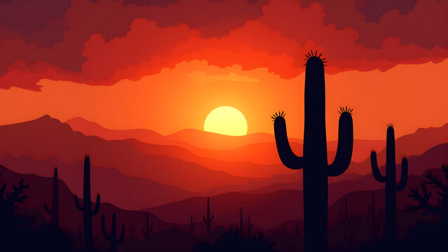 Desert Landscape with Cactus Silhouette at Dramatic Sunset Sky