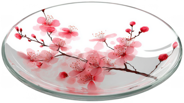 Pink cherry blossoms are depicted on a round glass plate. Adding a touch of elegance and nature to the tableware. Isolated on a transparent background. Perfect for showcasing designs or presentations