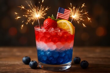 Celebrate patriotism with a vibrant patriotic cocktail!  A photorealistic and delicious cocktail in the colors of the American flag is presented with sparkling lights on top of the glass.