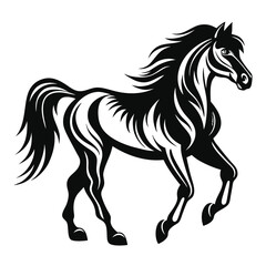 Beautiful horse displayed in black and white shows its graceful movement forward