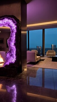 This image was created using artificial intelligence and depicts a conceptual decorative fireplace in the shape of an amethyst geode. The design can be realistically implemented in interiors using gla