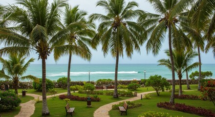 Fototapeta premium Serene Tropical Garden with Ocean View