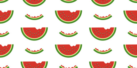 Bitten Watermelon Slices. Watermelon Slices with Bites Seamless Pattern on Transparent Background. For Summer Fruit Print, Wrapping Paper, Textile. Vector Illustration
