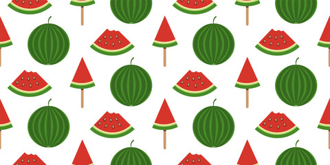 Seamless Pattern with Whole Watermelons, Slices and Popsicles on a Transparent Background. Fresh and Colorful Watermelon Seamless Design. Vector illustration.