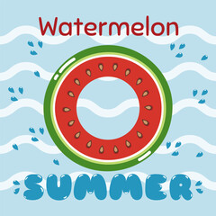 Watermelon Inflatable Ring in Pool with Splashes and Hello Summer Text. Funny Summer Social Media Banner with Watermelon. Vector illustration.