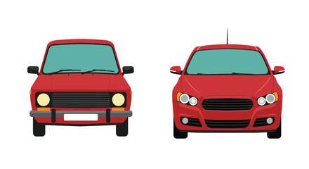 Two red cars one vintage and one modern are isolated on white background in a front view comparison