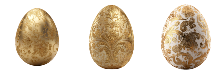 Luxurious Golden Ornamental Easter Eggs with Floral and Baroque Patterns Isolated on Transparent Background