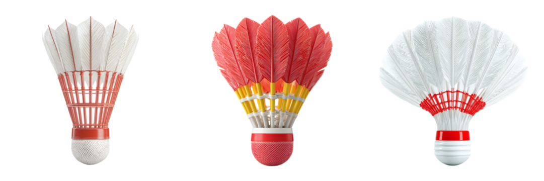 Realistic 3D Badminton Shuttlecocks with Colorful Feather Designs Isolated on Transparent Background