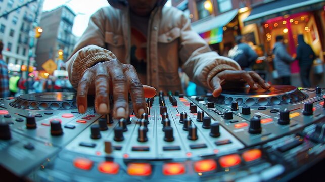 A dynamic DJ crafting music in a bustling urban scene at night, emphasizing the vibrant energy and creativity inherent to live performance in an electrifying outdoor atmosphere.