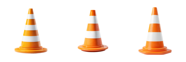 Bright Orange Traffic Cones with White Stripes — Realistic Safety Cones Isolated on Transparent Background