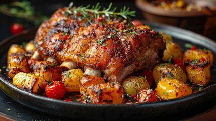 Fototapeta premium A beautifully roasted meat dish with crispy skin, juicy flavors, surrounded by deliciously golden potatoes and vibrant cherry tomatoes, perfect for a delightful feast.