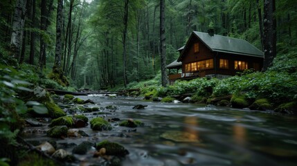 Fototapeta premium A serene image of a cozy cabin situated in a lush green forest, reflecting tranquility and harmony with nature, ideal for evoking outdoor living and relaxation.