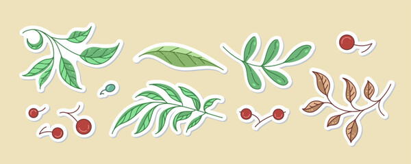 Green foliage sticker collection hand-drawn botanical vector elements for bullet journals, printables, and digital planners