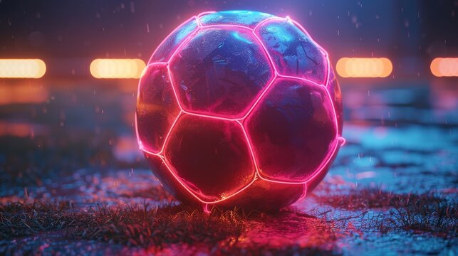 This vibrant soccer ball, illuminated by neon lights, stands out against a wet surface while capturing the essence of vitality in a dynamic sports context, even in rain.