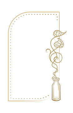 Rectangular vertical herbal vintage style frame with tall vial and delicate plant outline vector