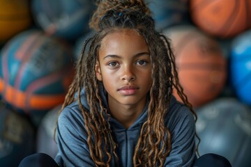 A thoughtful young boy sits in a gym filled with basketballs, showcasing determination and focus as he prepares for a game, embodying the spirit of youth sportsmanship.