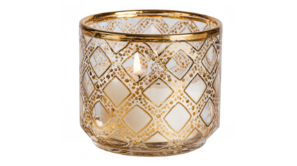 Glass candle holder featuring a beautiful gold geometric pattern and a lit candle, isolated on a transparent background, creating a warm and inviting atmosphere