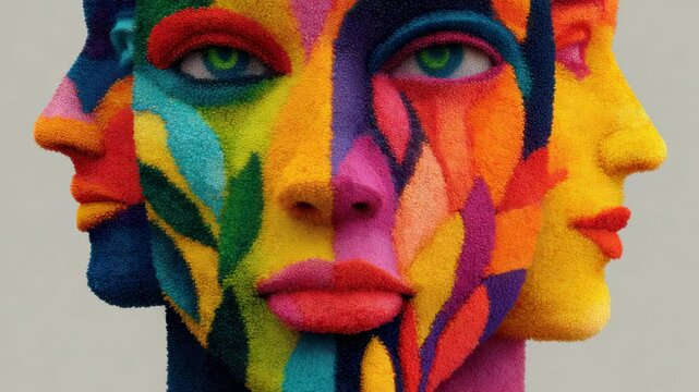 Colorful abstract sculpture featuring multiple faces in a vibrant urban setting during daylight