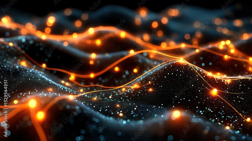 Poster a digital landscape of glowing orange and blue particles connected by wave-like lines, creating a fu