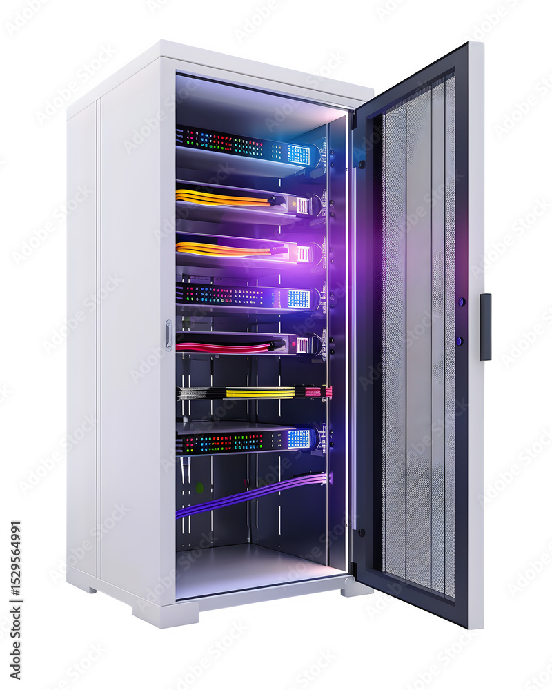Poster an isometric view of a pristine white server rack cabinet with subtle blinking status leds front doo