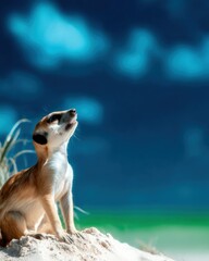 Meerkat on Sandy Beach Gazing at Blue Sky