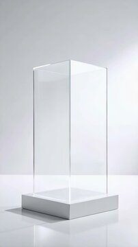 Minimalist clear glass display case resting on a solid white base in studio lighting with delicate reflections on a white surface