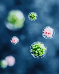 Microscopic View of Cellular Clusters Floating in Blue Background