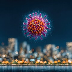 Microscopic Virus Invading a City at Night