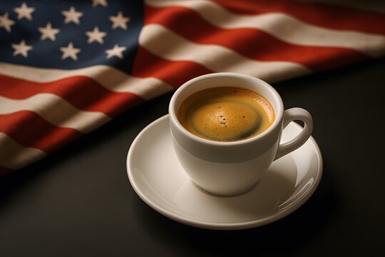 A classic, rich espresso, rests on a clean, white saucer, with the American flag elegantly draped in the background, creating a patriotic and flavorful scene.
