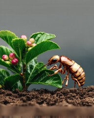 Miniature Brown Insect on Green Plant in Soil